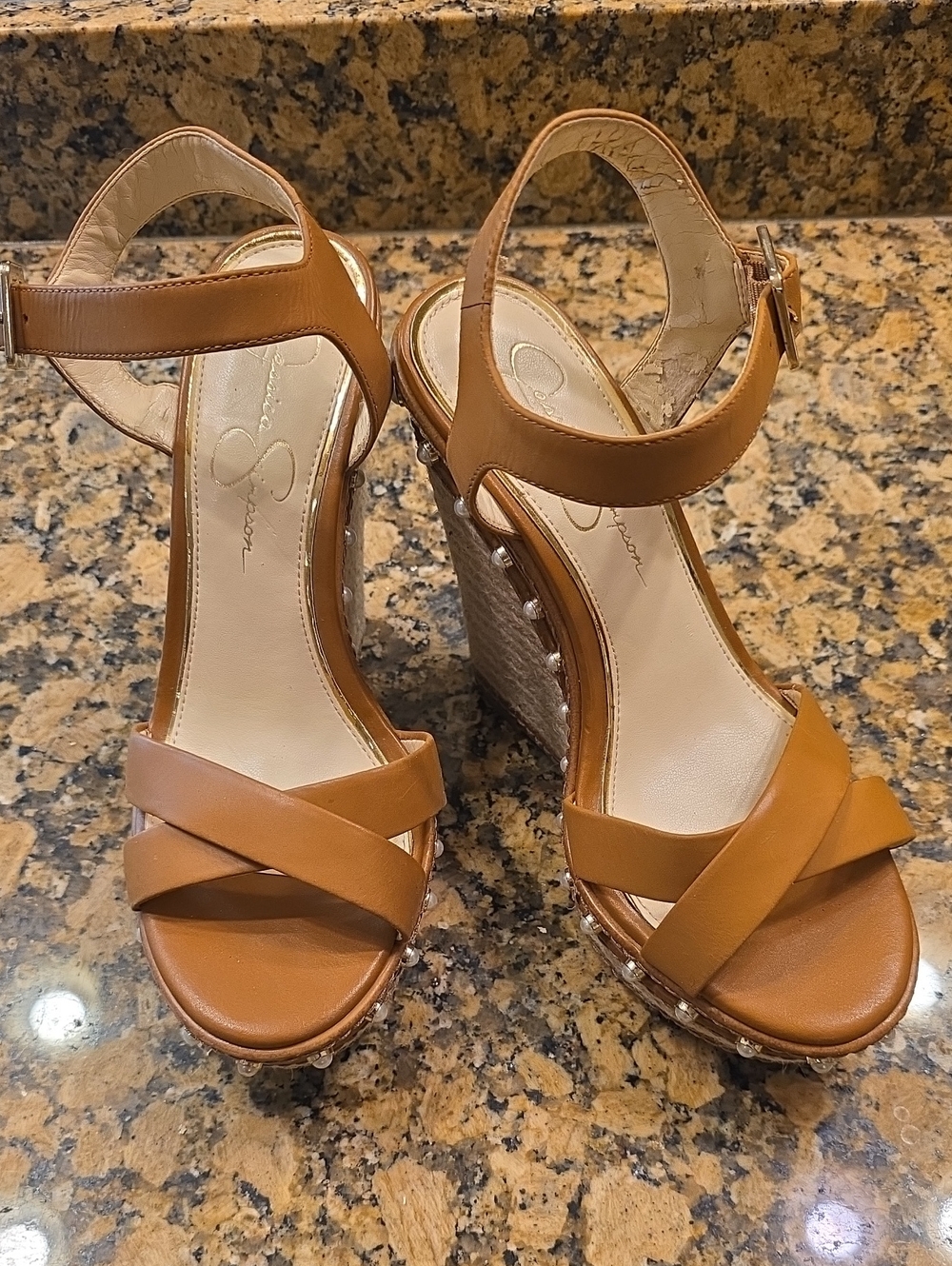 Jessica Simpson Cognac Leather Cross-Strap Platform Wedges